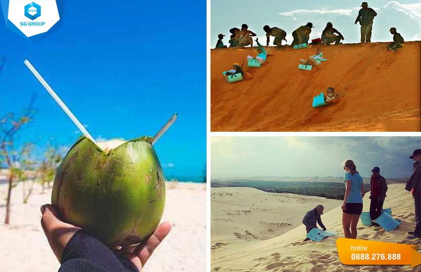 Tham gia trải nghiệm trò chơi trượt cát và thư giản thưởng thức dừa 3 nhát